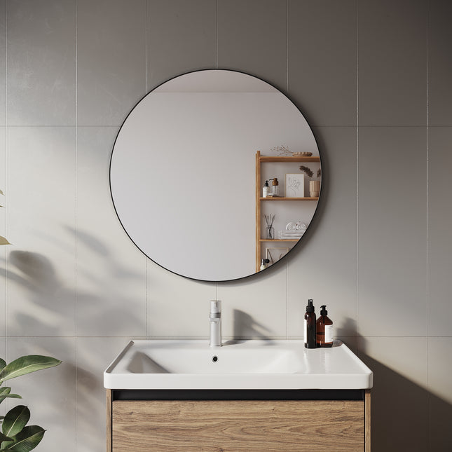 SIRHONA Miroir de maquillage avec cadre noir 800 x 800 x 35 mm, miroir rond mural - SIRHONA
