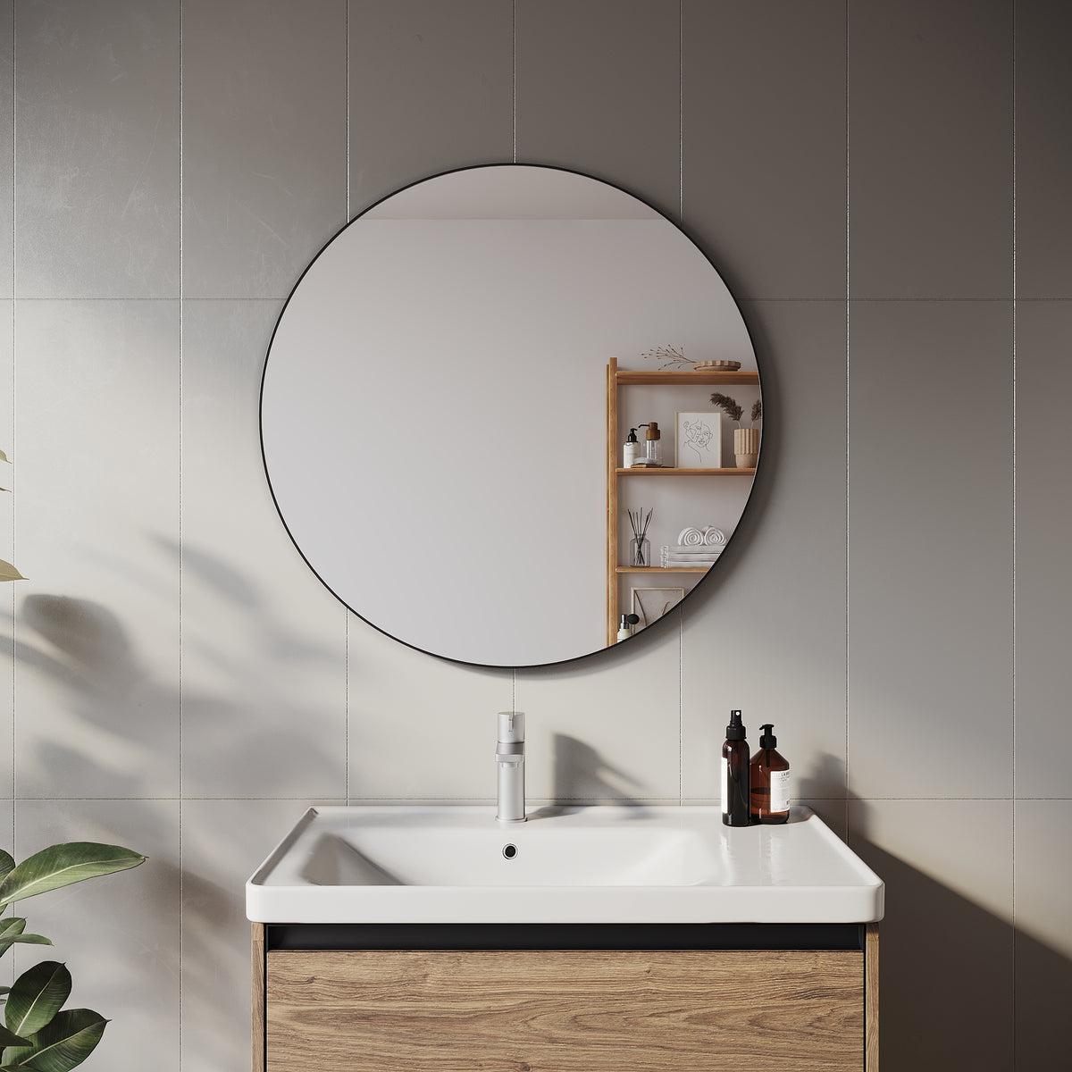 SIRHONA Miroir de maquillage avec cadre noir 800 x 800 x 35 mm, miroir rond mural