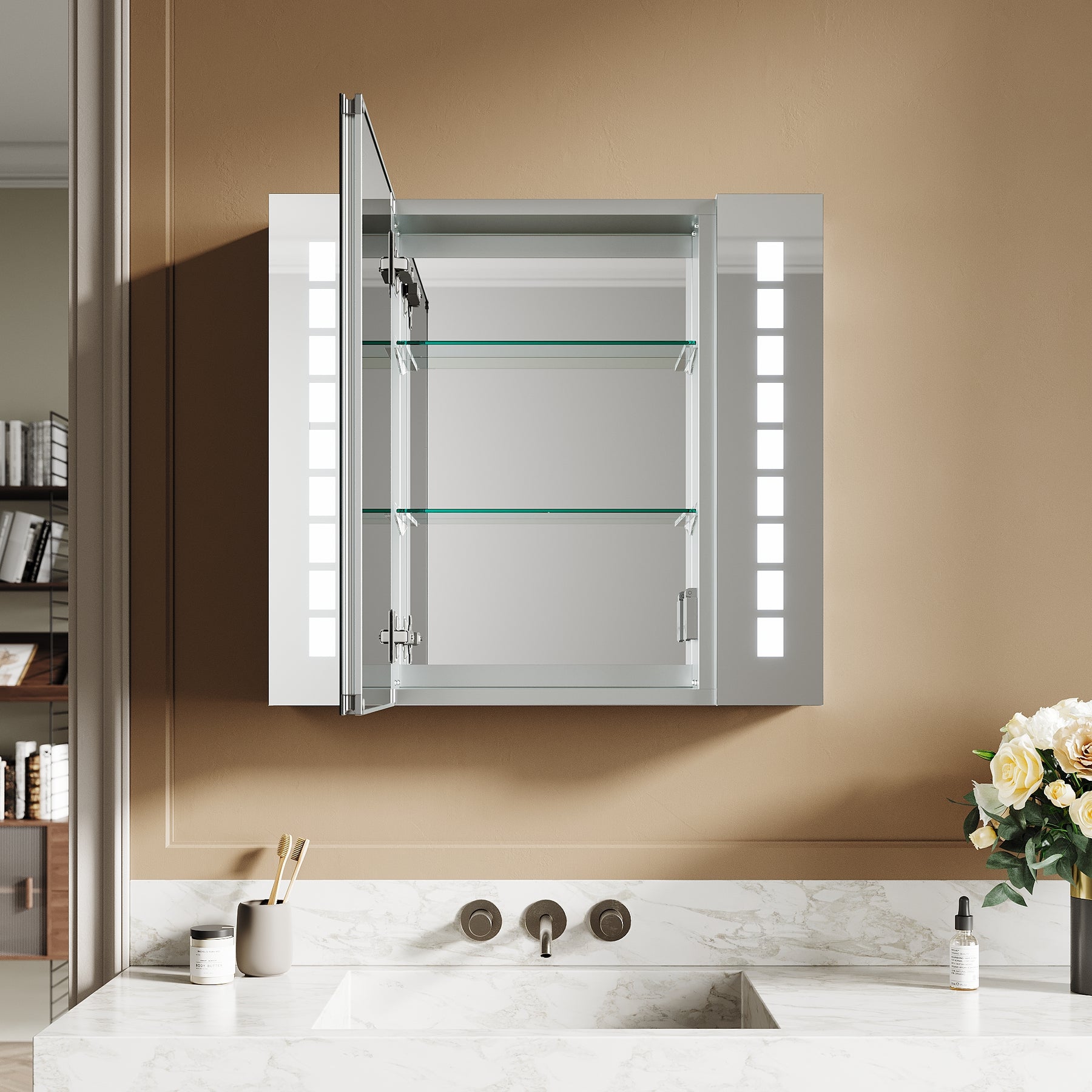 SIRHONA Armoire miroir 60 × 65 cm avec éclairage et prise de courant anti-buée LED avec écran tactile en aluminium - SIRHONA