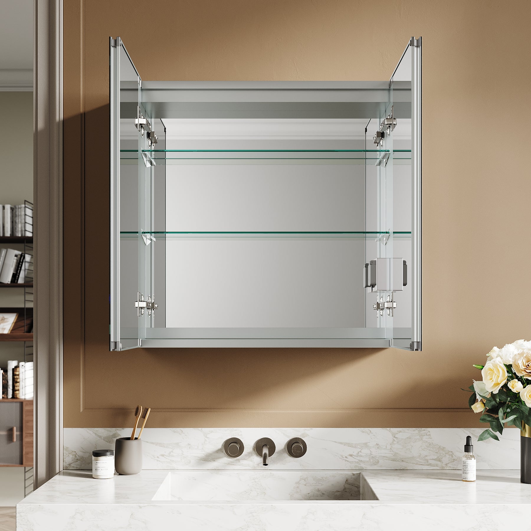 SIRHONA armoire de toilette aluminium LED avec éclairage avec prise tactile anti-buée armoire de toilette miroir de salle de bain 65x65x13.3cm - SIRHONA