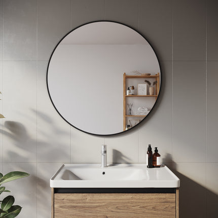 SIRHONA Miroir de maquillage avec cadre noir 900 x 900 x 35 mm, miroir rond mural - SIRHONA