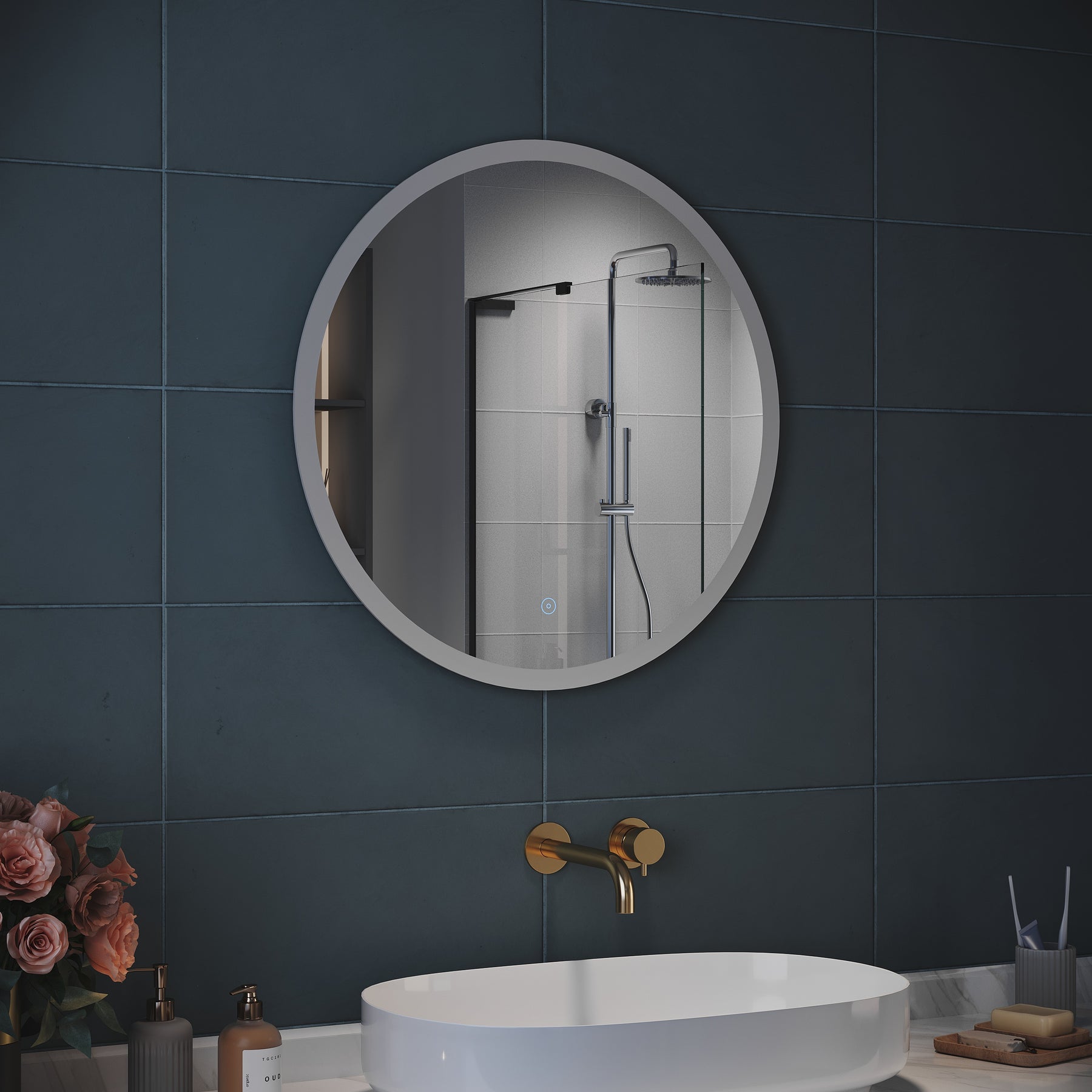 SIRHONA Miroir LED Rond Miroir de Maquillage monté sur Mur avec éclairé et Anti-buée  avec contrôle par capteur 60x60cm - SIRHONA