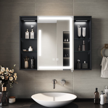 SIRHONA Armoire de Toilette Miroir, Armoire Murale avec Éclairage LED et Prises de Courant, Interrupteurs à Commande Tactile,  80 x 60 x 13cm - SIRHONA