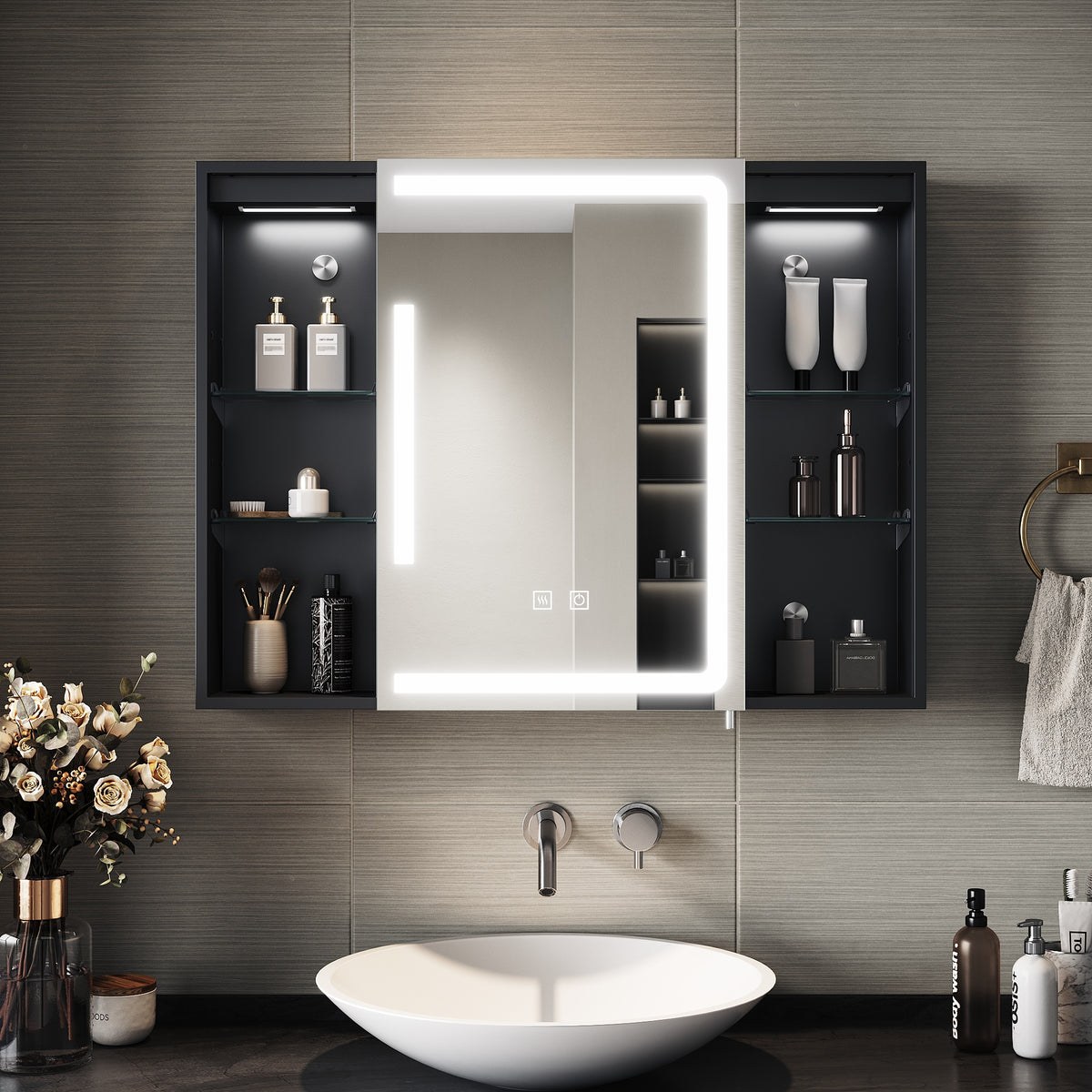 SIRHONA Armoire de Toilette Miroir, Armoire Murale avec Éclairage LED et Prises de Courant, Interrupteurs à Commande Tactile,  80 x 60 x 13cm