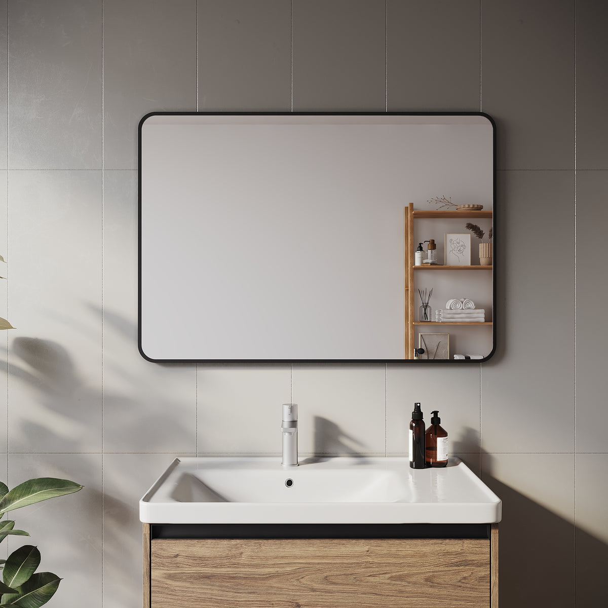 SIRHONA Miroir de maquillage 1000 x 700 x 35 mm, cadre noir, miroir carré mural