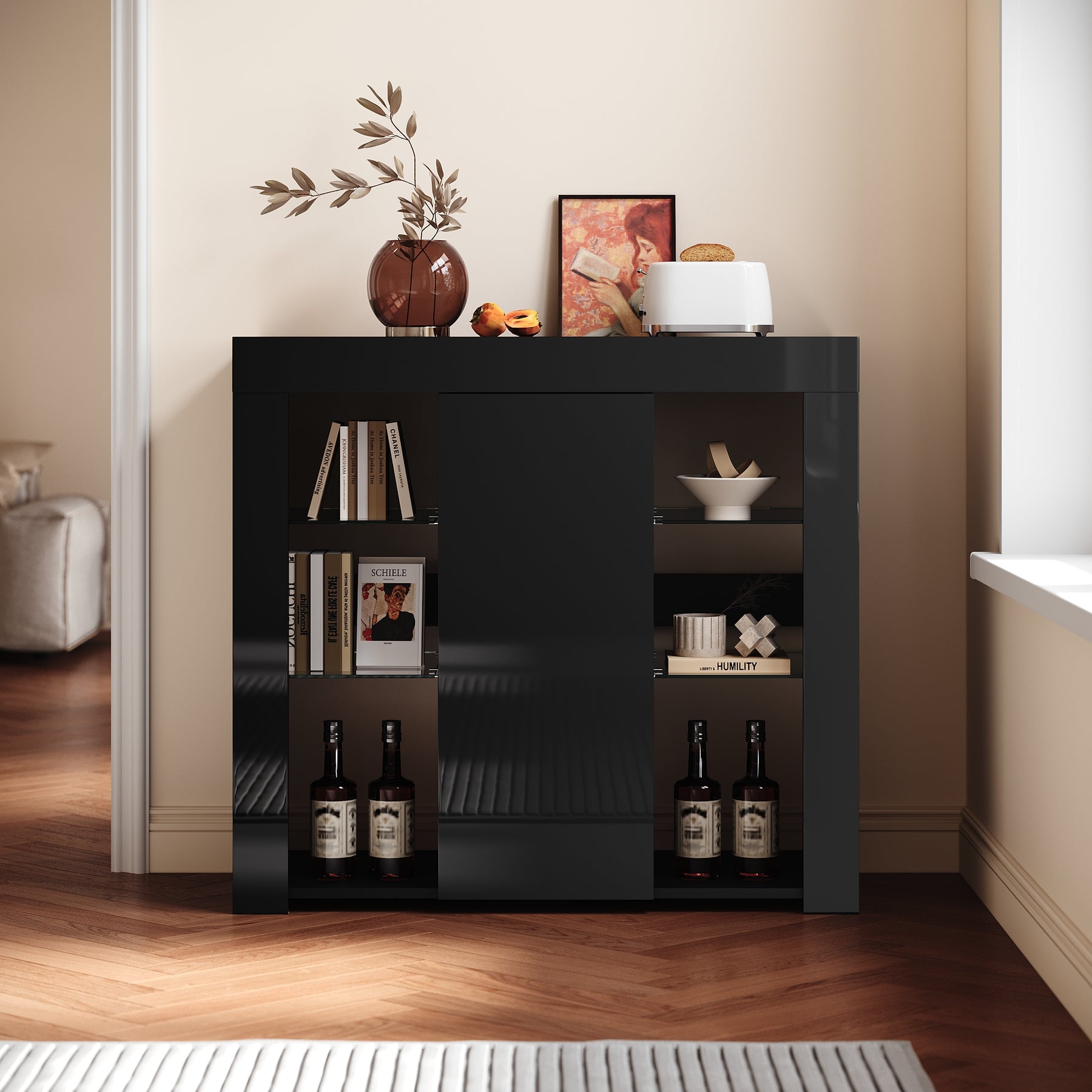 Buffet, armoire de cuisine avec éclairage LED (12 couleurs réglables) Noir 90 x 35 x 83 cm - SIRHONA