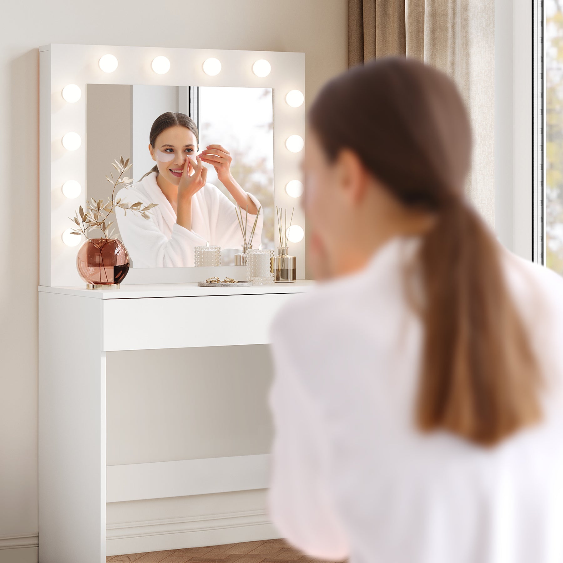 SIRHONA Coiffeuse avec éclairage LED Lumière réglable Grand tiroir Moderne Blanc Coiffeuse avec Miroir + Tabouret de Maquillage - SIRHONA