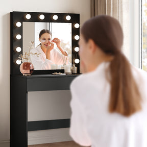 SIRHONA Coiffeuse avec éclairage LED Lumière réglable Grand tiroir Moderne Noir Coiffeuse avec Miroir + Tabouret de Maquillage - SIRHONA