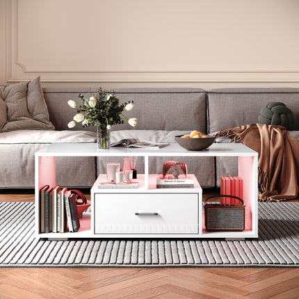 Table basse avec tiroirs de rangement et éclairage LED réglable Disponible en 12 couleurs Blanc 55 x 100 x 40 cm - SIRHONA