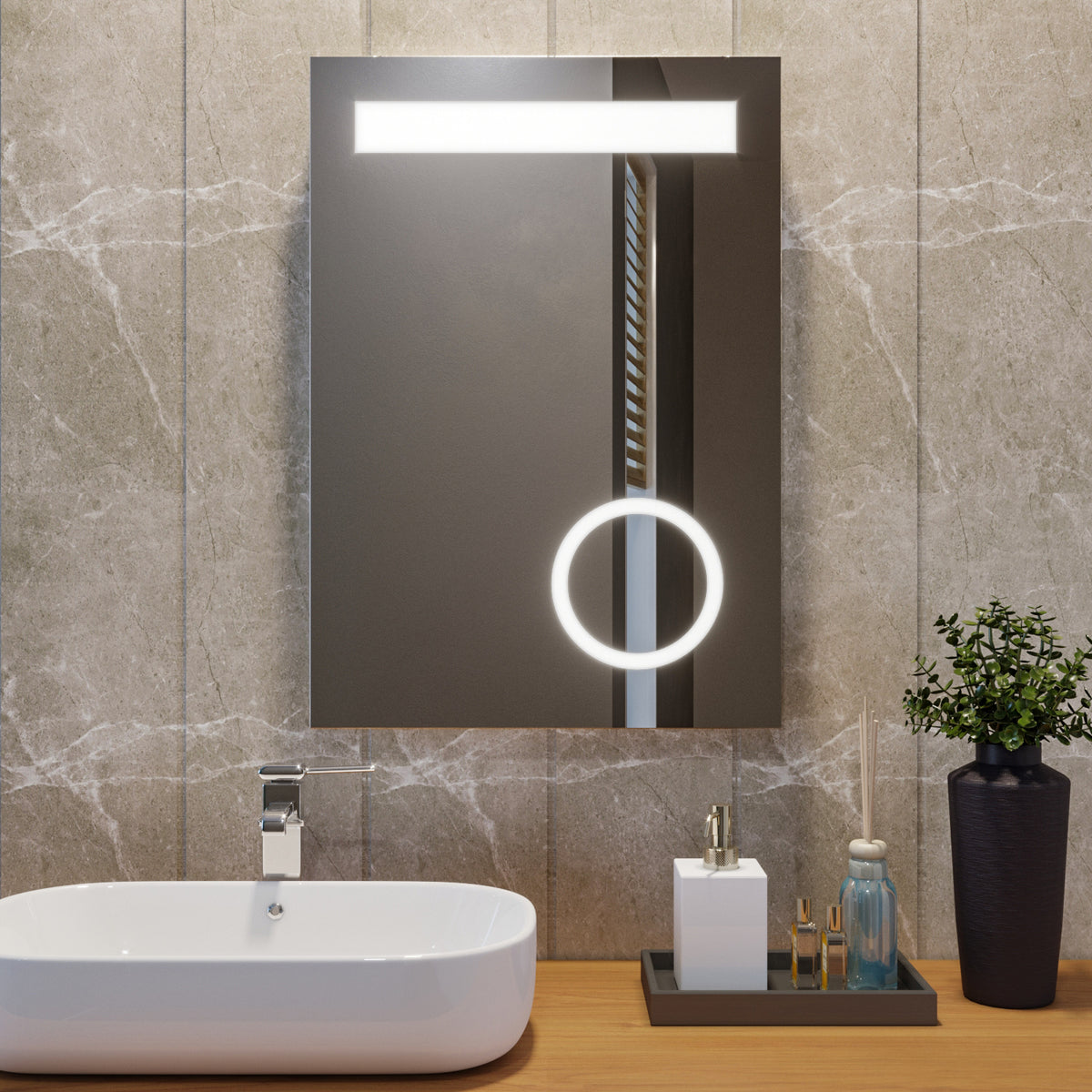 SIRHONA Miroir led 50x70 CM Miroir de salle de bains avec éclairage LED Miroir Cosmétiques Mural Lumière Illumination avec Prise Rasoir Bouton de commutation - SIRHONA