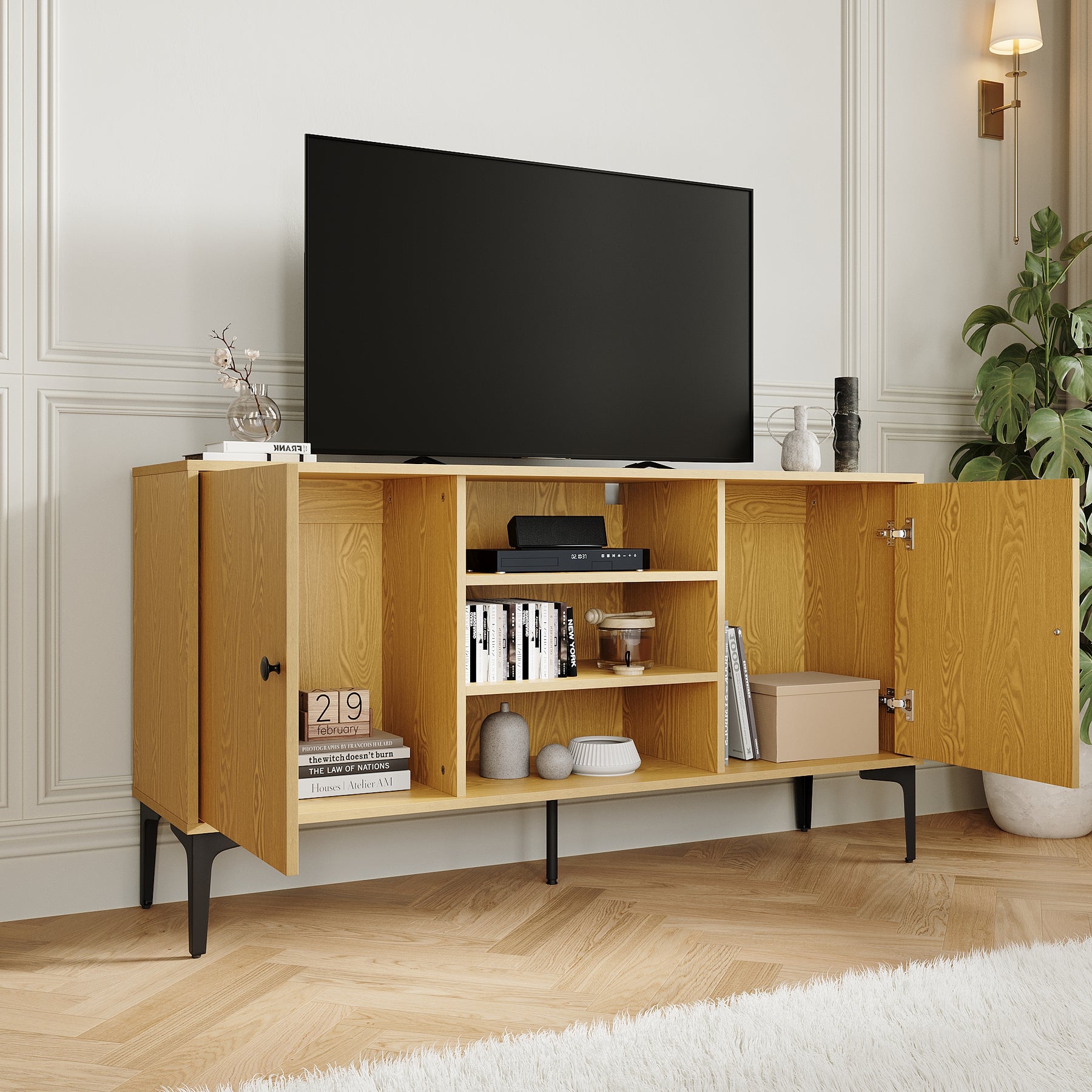 SIRHONA Meuble TV Support télévision Meuble TV style moderne avec porte battante meuble TV couleur imitation bois 140x35x70 cm - SIRHONA