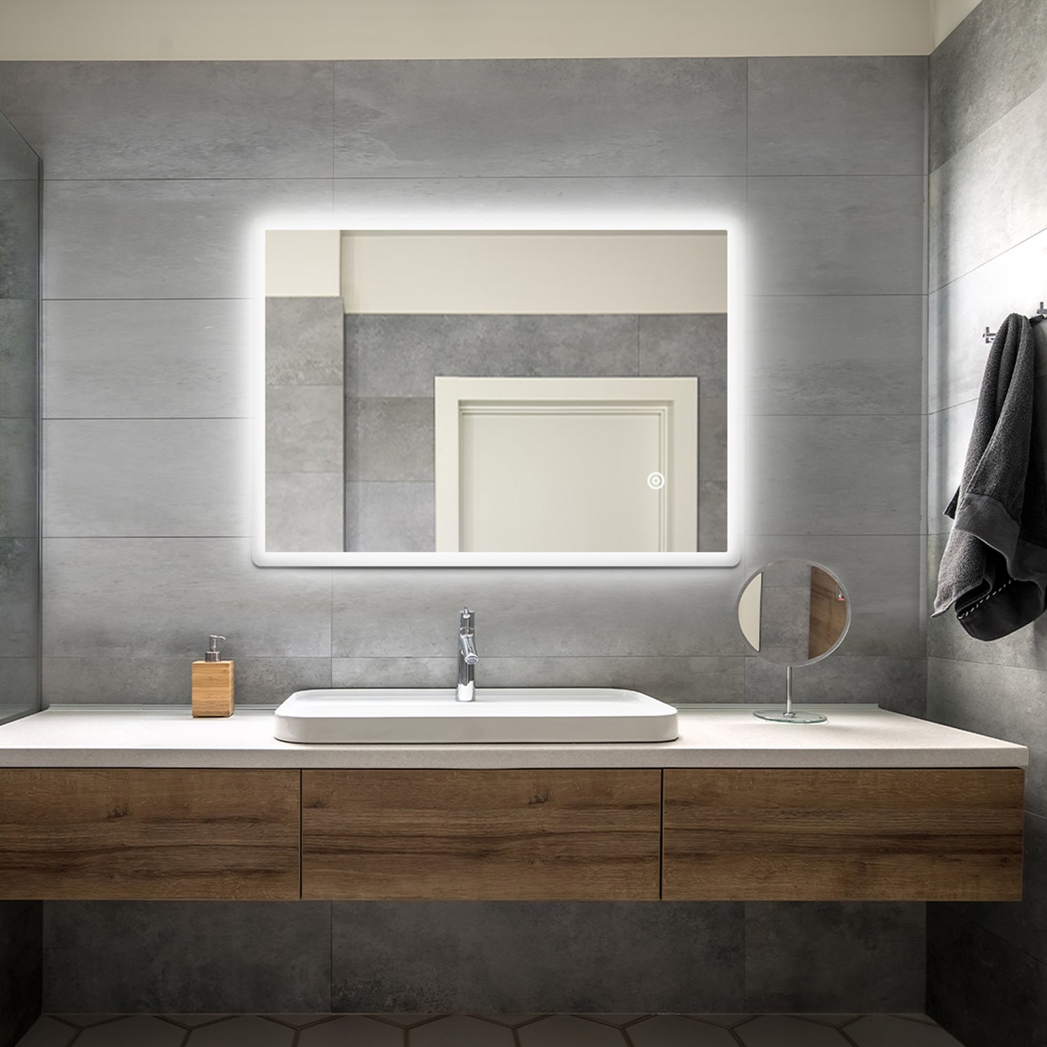 SIRHONA Miroir de Salle de Bain 70 x 50 cm Éclairage LED Miroir de Salle de Bains Rétro-éclairage Avec fiche et Anti-buée Tactile - SIRHONA