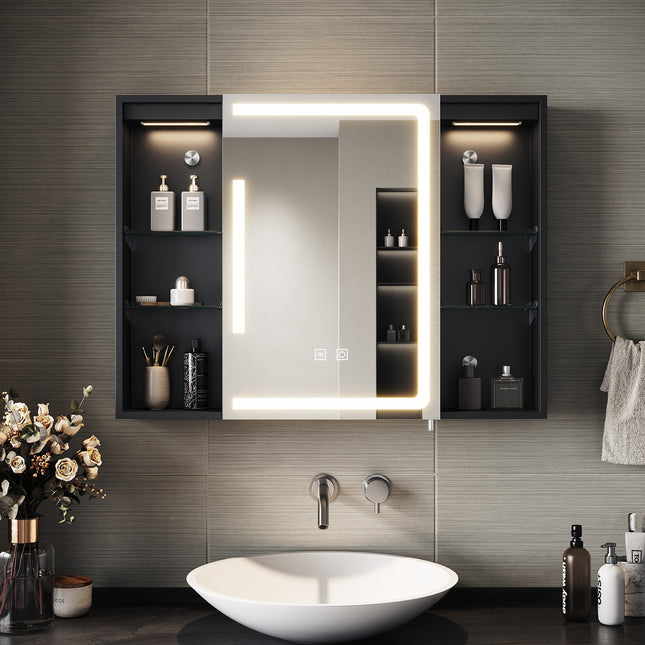 SIRHONA Armoire de Toilette Miroir, Armoire Murale avec Éclairage LED et Prises de Courant, Interrupteurs à Commande Tactile,  80 x 60 x 13cm - SIRHONA