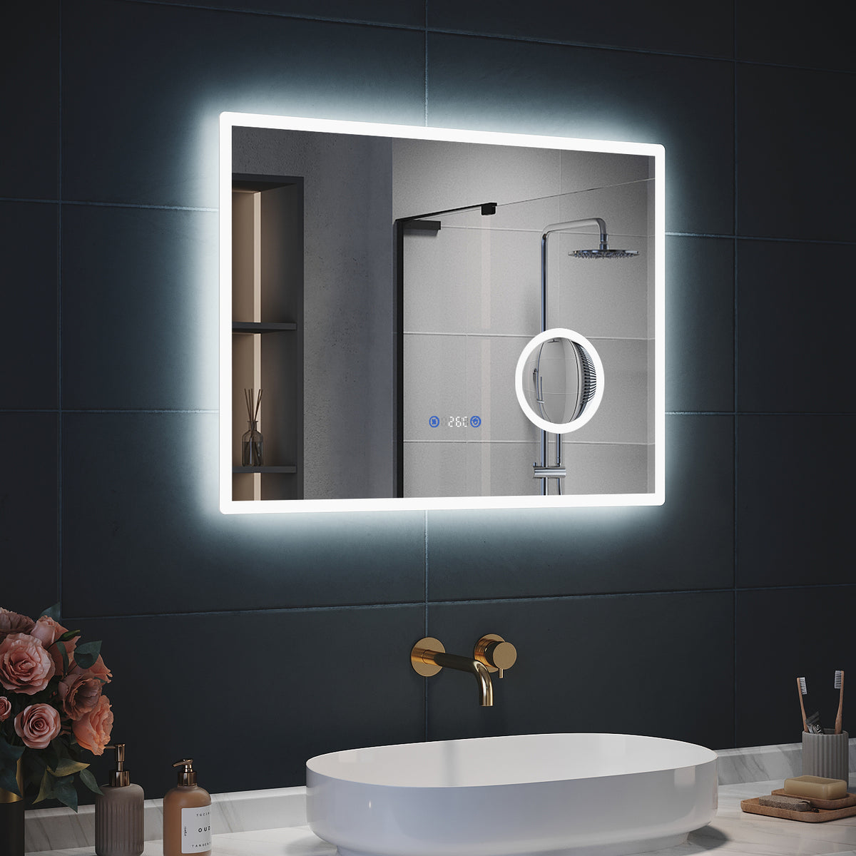 SIRHONA 3X loupe Miroir LED Salle de Bain avec éclairage, Miroir avec Horloge Numérique, Miroir Lumineux Salle de Bain Anti-Buée, 100x60cm - SIRHONA