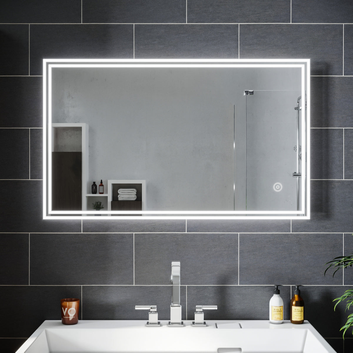 SIRHONA Miroir led Miroir de salle de bains avec éclairage LED Miroir Cosmétiques Mural Lumière Illumination avec Commande par Effleurement 100x60 CM - SIRHONA