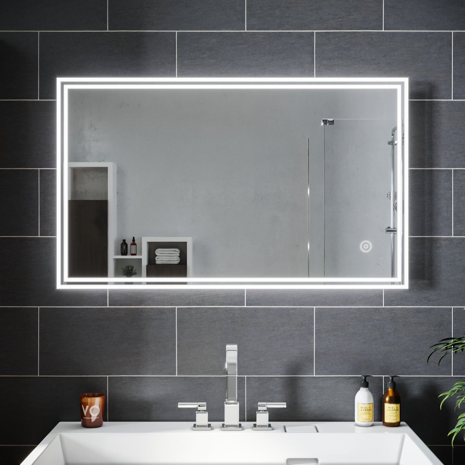 SIRHONA Miroir led Miroir de salle de bains avec éclairage LED Miroir Cosmétiques Mural Lumière Illumination avec Commande par Effleurement 100x60 CM