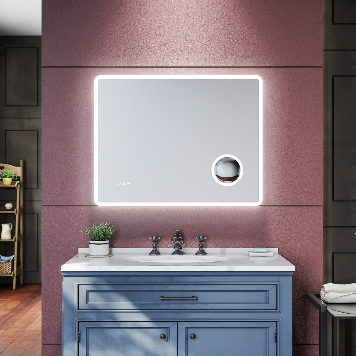 SIRHONA Miroir de salle de bains LED Miroir salle de bain avec prise de courant Anti-buée avec éclairage Miroir grossissant 3X Blanc froid 90x70cm