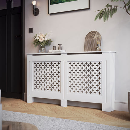 SIRHONA Habillage de radiateur Bois Grille croisée 152x19x81.5cm Blanc - SIRHONA