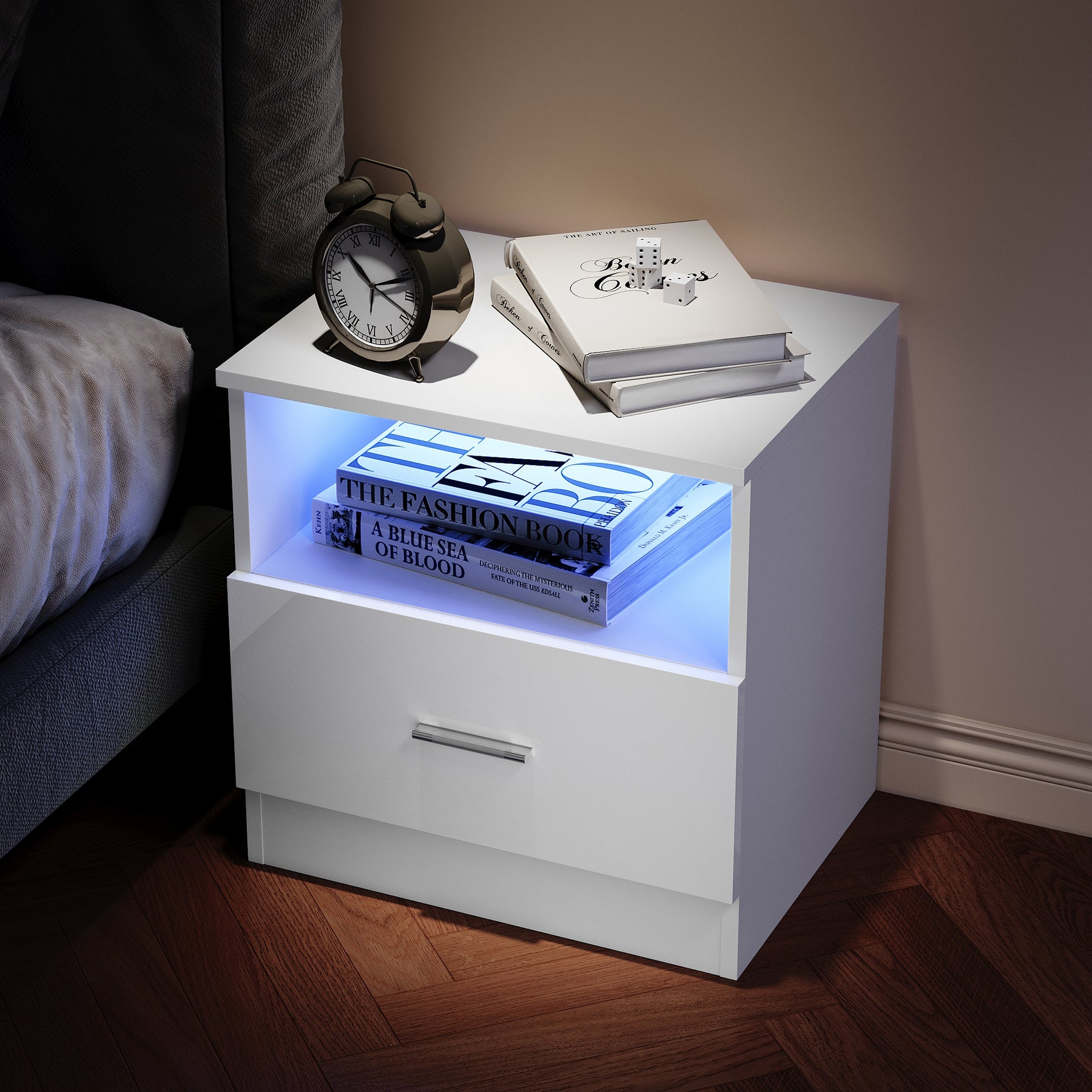 SIRHONA Table de chevet avec éclairage LED couleurs ajustables table de canapé avec tiroirs et compartiment ouvert table de chevet pour chambre à coucher Blanc 45 x 35 x 46.5 cm - SIRHONA