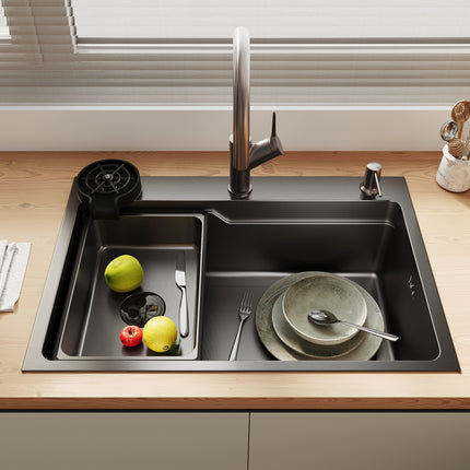 Évier de cuisine en acier inoxydable 304 SUS à 1 cuve, évier encastrable à une cuve avec panier à déchets triangulaire, Noir, 70×48cm - SIRHONA