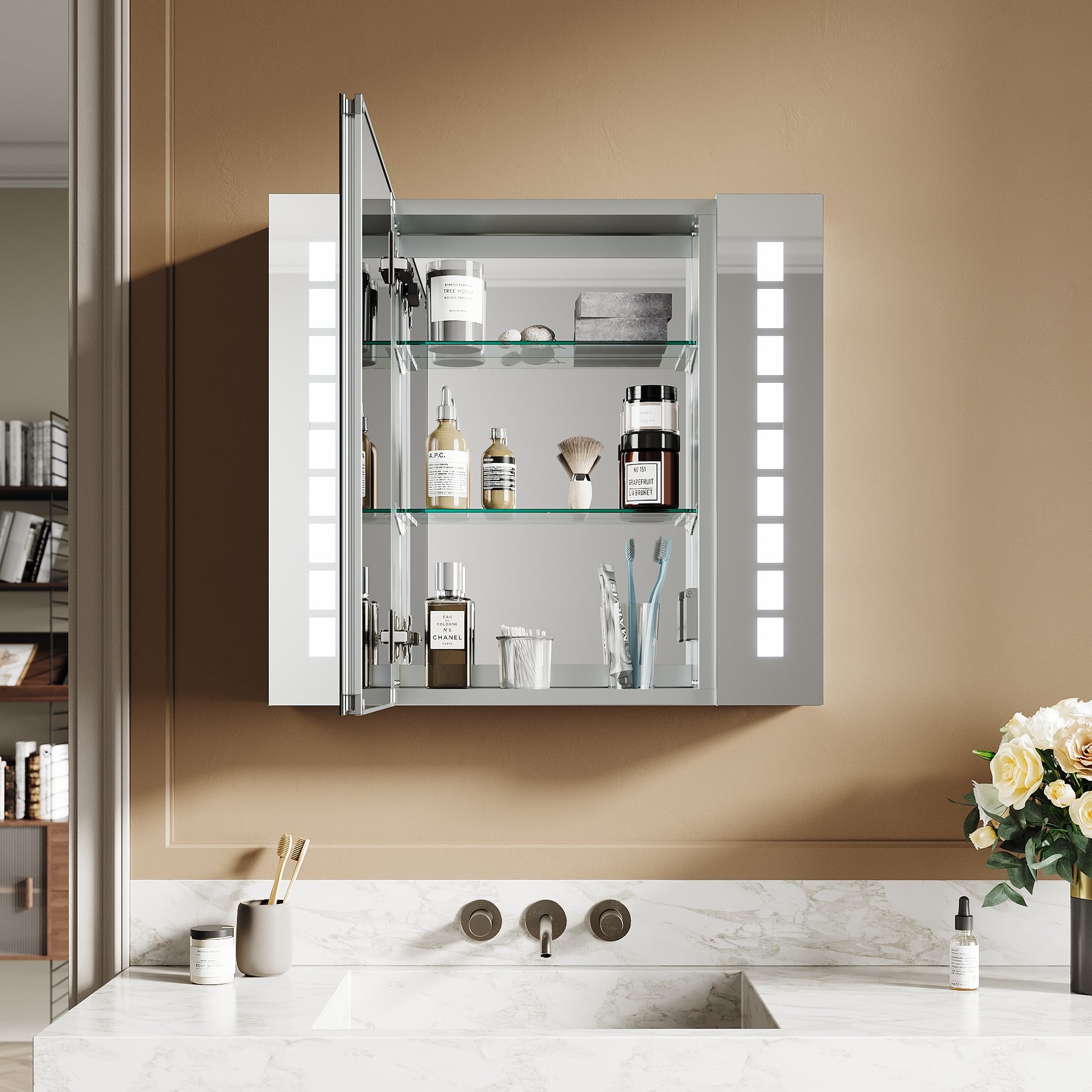 SIRHONA Armoire miroir 60 × 65 cm avec éclairage et prise de courant anti-buée LED avec écran tactile en aluminium - SIRHONA