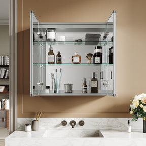 SIRHONA armoire de toilette aluminium LED avec éclairage avec prise tactile anti-buée armoire de toilette miroir de salle de bain 65x65x13.3cm - SIRHONA