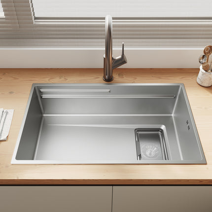 Évier de cuisine en acier inoxydable 304 SUS à 1 cuve, évier encastrable à une cuve avec  filtre à déchets rectangulaire côté étroit, Argenté, 70×44cm - SIRHONA