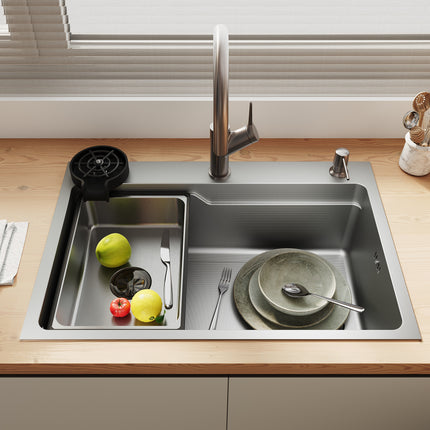 Évier de cuisine en acier inoxydable 304 SUS à 1 cuve, évier encastrable à une cuve avec égouttoir, crépine triangulaire, Argent, 70 × 48 cm - SIRHONA