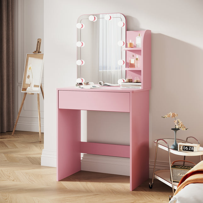 SIRHONA Coiffeuse avec Miroir, Table de maquillage avec 1 tiroir et 3 Compartiments Ouverts, Table de vanité, Style Moderne, poudré + 10 Ampoules LED (3 couleurs) - SIRHONA