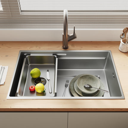 Évier de cuisine en acier inoxydable 304 SUS à 1 cuve, évier encastrable à une cuve avec  filtre à déchets rectangulaire côté étroit, Argenté, 70×44cm - SIRHONA