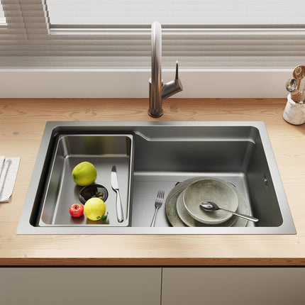 Évier de cuisine en acier inoxydable 304 SUS à 1 cuve, évier encastrable à cuve unique avec panier à déchets triangulaire côté étroit, Argenté, 70×43cm - SIRHONA