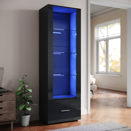 SIRHONA Avec éclairage LED Armoire d'exposition en verre avec tiroirs Façade noire brillante Armoire d'exposition pour collectionneurs 550 x 350 x 1720 mm - SIRHONA
