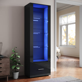 SIRHONA Avec éclairage LED Armoire d'exposition en verre avec tiroirs Façade noire brillante Armoire d'exposition pour collectionneurs 550 x 350 x 1720 mm - SIRHONA