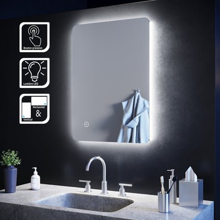 SIRHONA Miroir led Miroir de salle de bains avec éclairage LED Miroir Cosmétiques Mural Lumière Illumination avec Commande par Effleurement 70x50 CM - SIRHONA