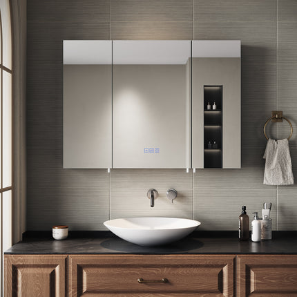 SIRHONA Armoire de Toilette Miroir, Armoire Murale avec Éclairage LED et Prises de Courant,  90 x 65 x 13cm - SIRHONA