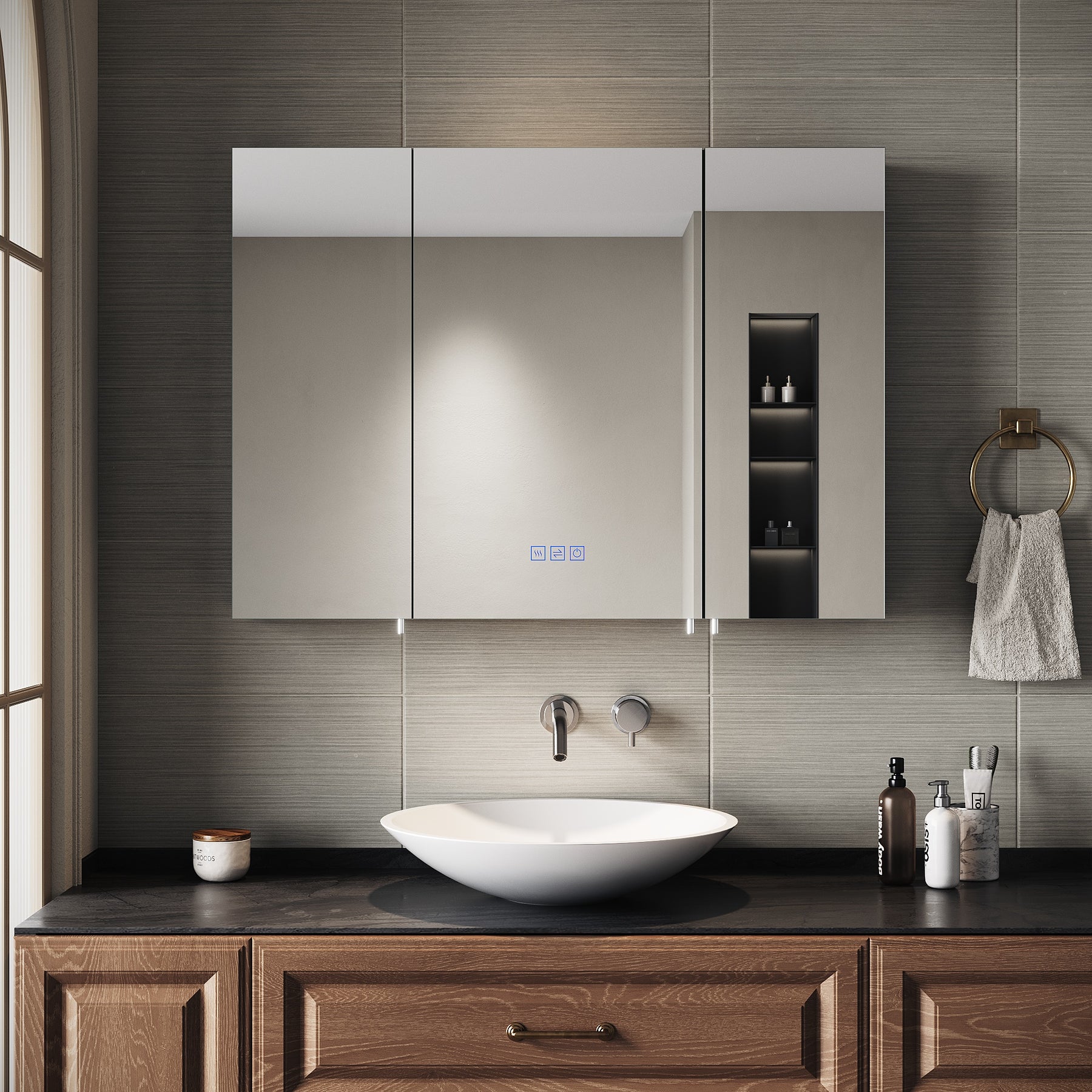 SIRHONA Armoire de Toilette Miroir, Armoire Murale avec Éclairage LED et Prises de Courant,  90 x 65 x 13cm