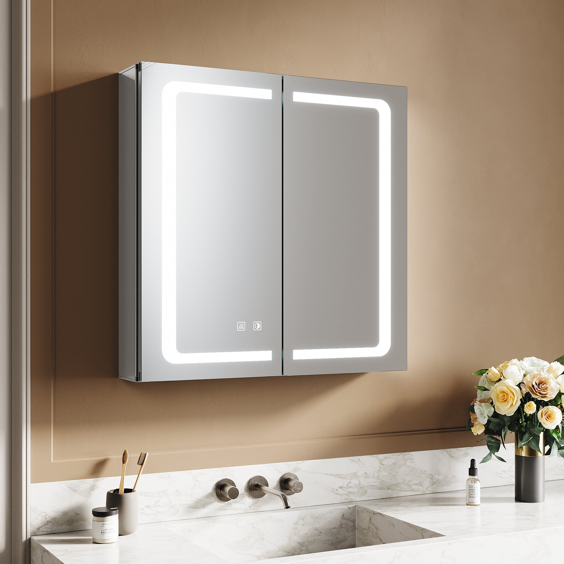 SIRHONA armoire de toilette aluminium LED avec éclairage avec prise tactile anti-buée armoire de toilette miroir de salle de bain 65x65x13.3cm - SIRHONA