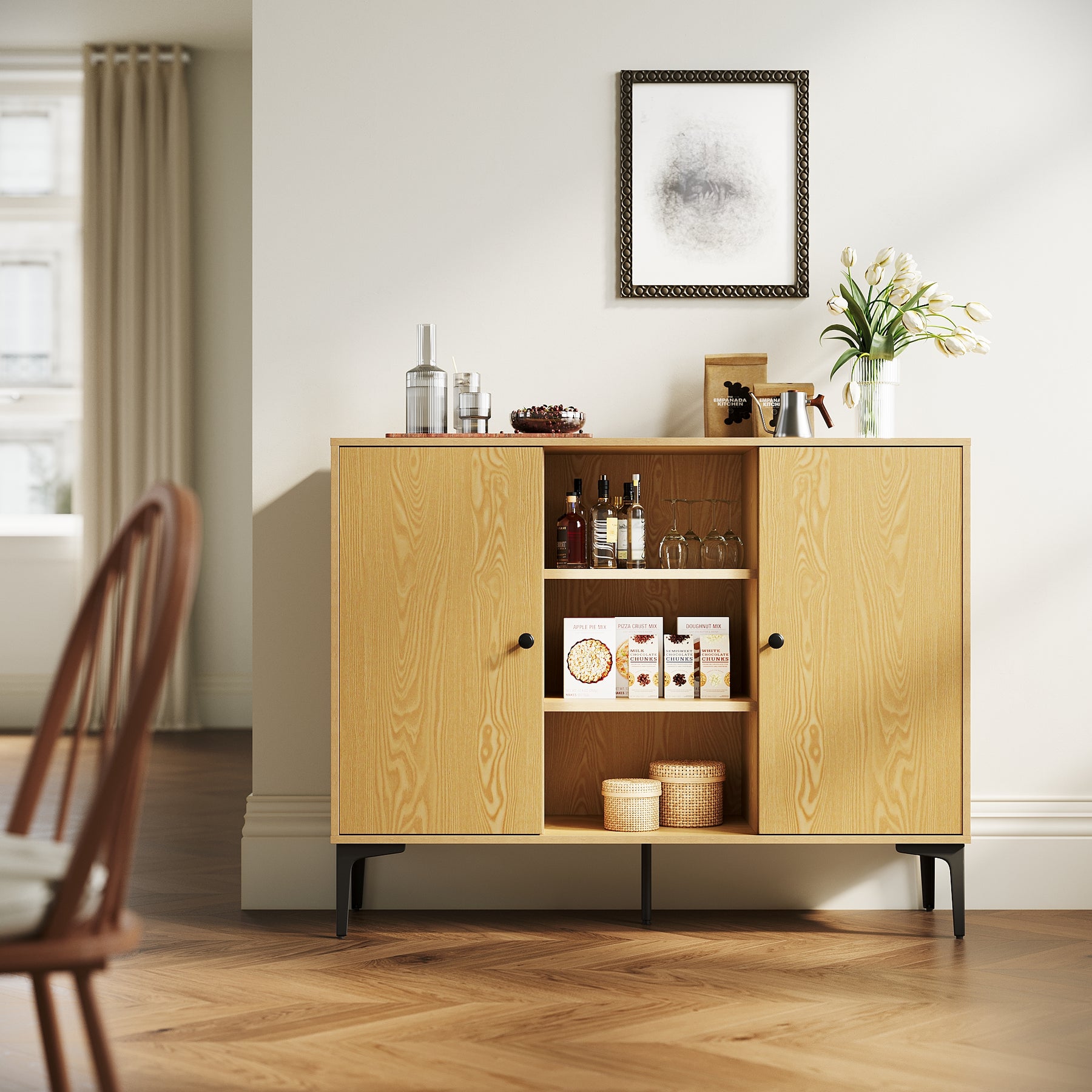 SIRHONA Buffet de salle à manger à 2 portes armoire de rangement Style moderne Meubles couleur bois, 120 x 35 x 93 cm - SIRHONA