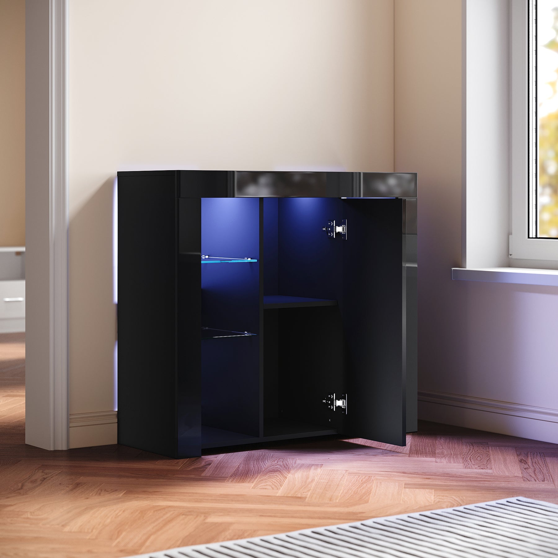 Buffet, armoire de cuisine avec éclairage LED (12 couleurs réglables) Noir 90 x 35 x 83 cm - SIRHONA