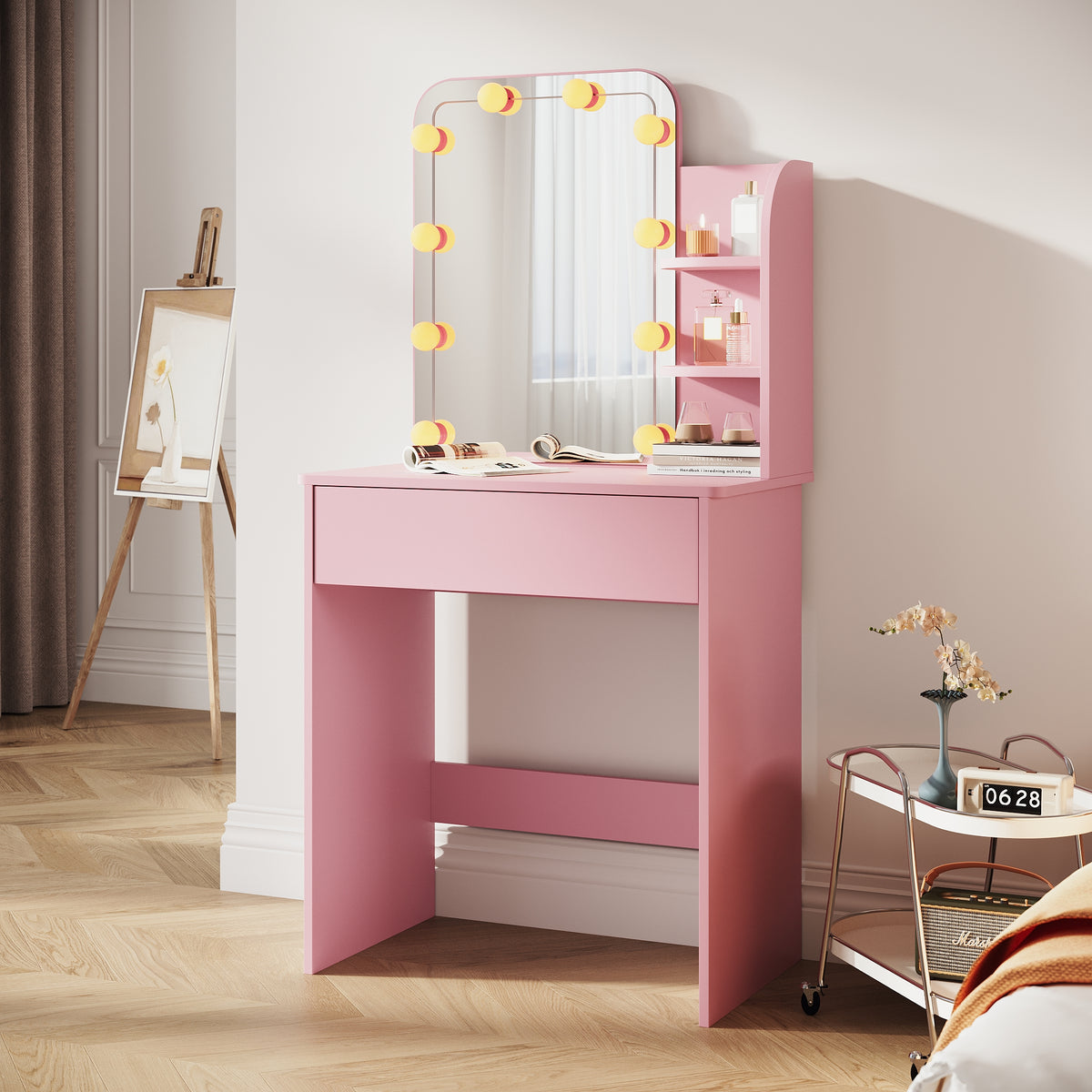 SIRHONA Coiffeuse avec Miroir, Table de maquillage avec 1 tiroir et 3 Compartiments Ouverts, Table de vanité, Style Moderne, poudré + 10 Ampoules LED (3 couleurs)