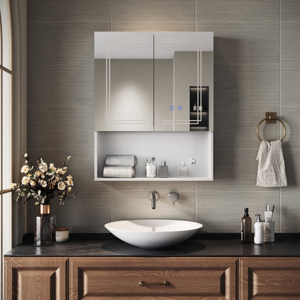 SIRHONA Armoire de Toilette Miroir, Armoire Murale avec Éclairage LED et Prises de Courant, Interrupteurs à Commande Tactile, Dimmable 60 x 75 x 13cm - SIRHONA
