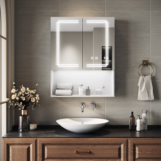 SIRHONA Armoire de Toilette Miroir, Armoire Murale avec Éclairage LED et Prises de Courant, Interrupteurs à Commande Tactile, Dimmable 60 x 75 x 13cm - SIRHONA