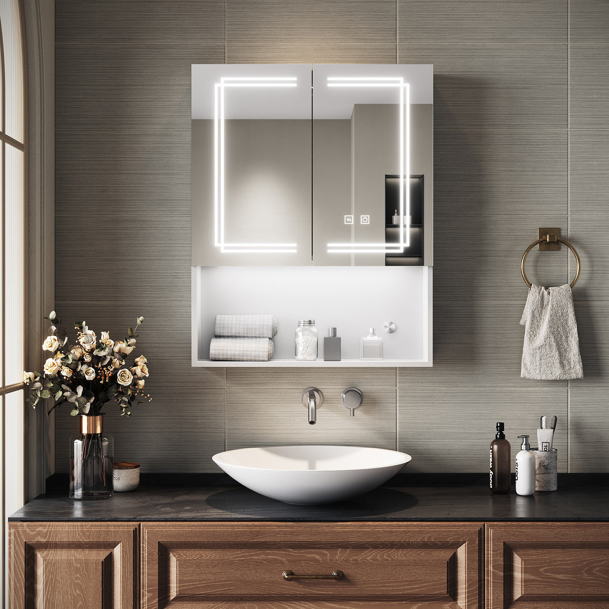 SIRHONA Armoire de Toilette Miroir, Armoire Murale avec Éclairage LED et Prises de Courant, Interrupteurs à Commande Tactile, Dimmable 60 x 75 x 13cm