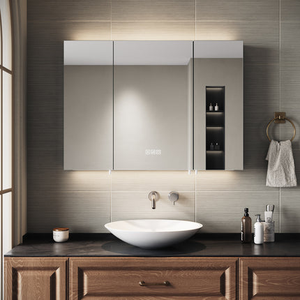 SIRHONA Armoire de Toilette Miroir, Armoire Murale avec Éclairage LED et Prises de Courant,  90 x 65 x 13cm - SIRHONA