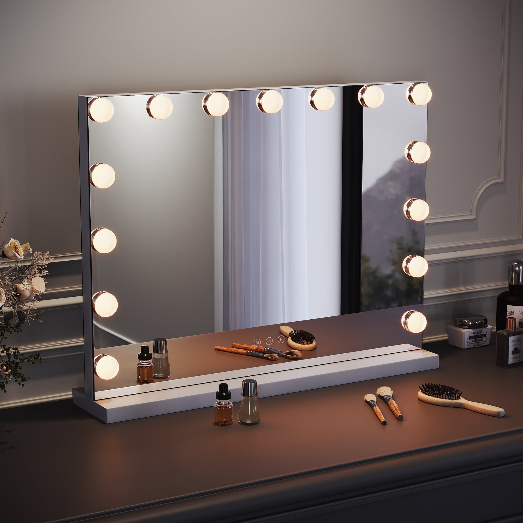 SIRHONA Armoire à Miroir LED Maquillage Lumineux Miroir Maquillage Hollywood avec15 Ampoules 3 Couleurs Lumières Ajustables 58x45.5 cm - SIRHONA