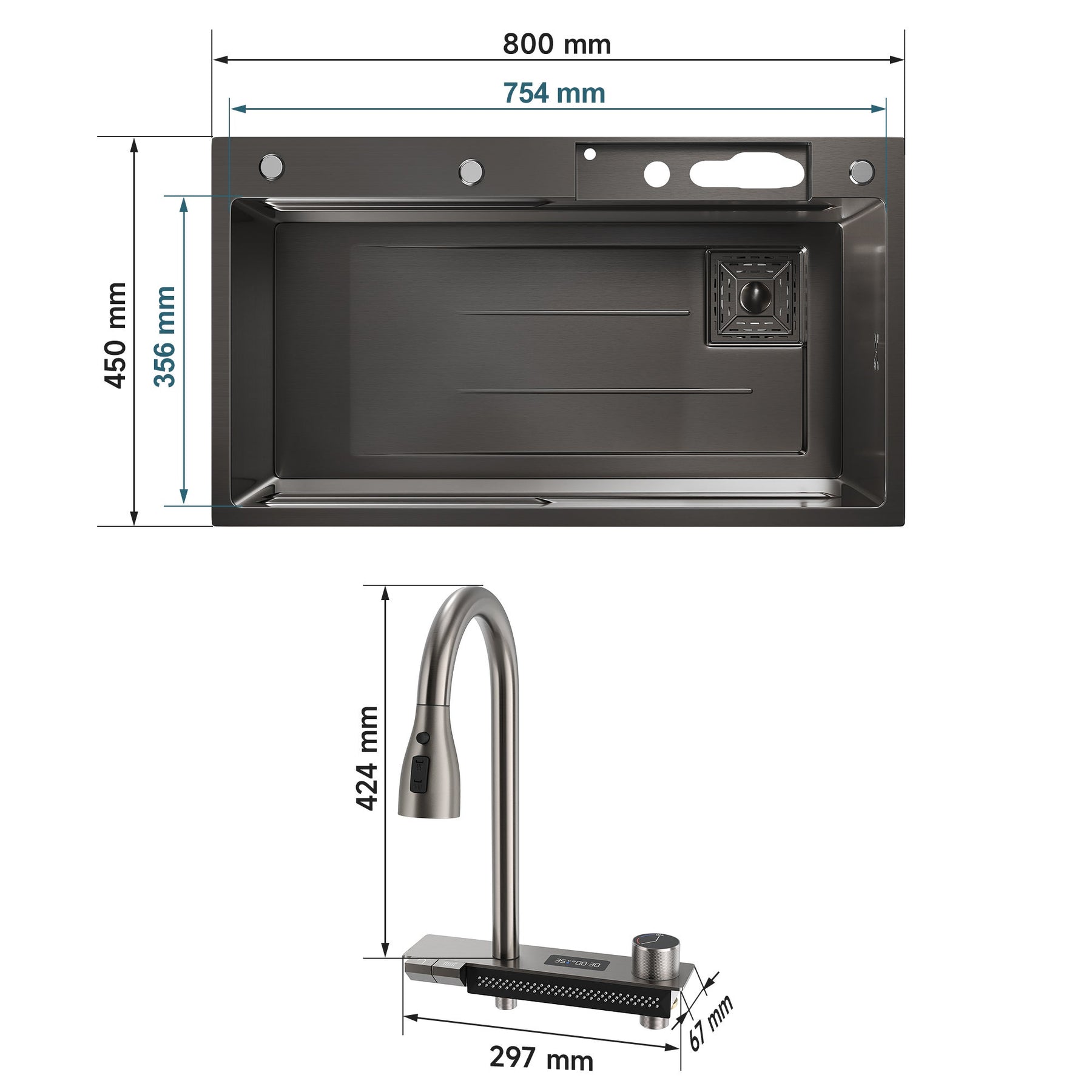 SIRHONA 1 Bac Évier de Cuisine Noir Multifonctionnel à Encastrer Avec Robinet de Poisson Volant Rétractable & Affichage de la Température 80x45cm - SIRHONA