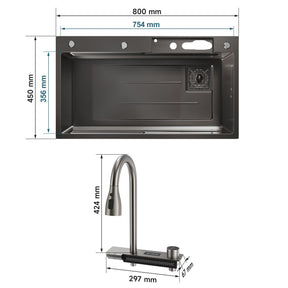 SIRHONA 1 Bac Évier de Cuisine Noir Multifonctionnel à Encastrer Avec Robinet de Poisson Volant Rétractable & Affichage de la Température 80x45cm - SIRHONA