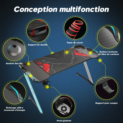 Bureau gamer table de jeu table d'ordinateur Ergonomie Matériau métallique 140x60x75cm Lumière surround RVB 7 couleurs Fente de stockage- SIRHONA
