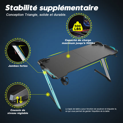 Bureau gamer table de jeu table d'ordinateur Ergonomie Matériau métallique 140x60x75cm Lumière surround RVB 7 couleurs Fente de stockage- SIRHONA