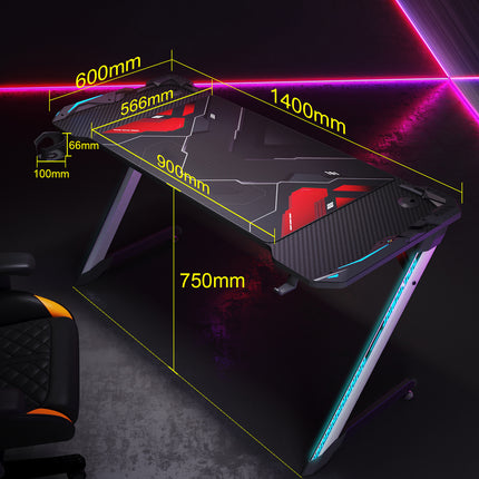 Bureau gamer table de jeu table d'ordinateur Ergonomie Matériau métallique 140x60x75cm Lumière surround RVB 7 couleurs Fente de stockage- SIRHONA
